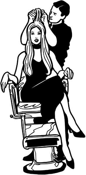 Lady with long hair and male hairdresser vinyl sticker. Customize on line. Hairdressers 047-0090